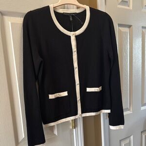 White House Black Market 
Black and White Cardigan with Pearl Buttons